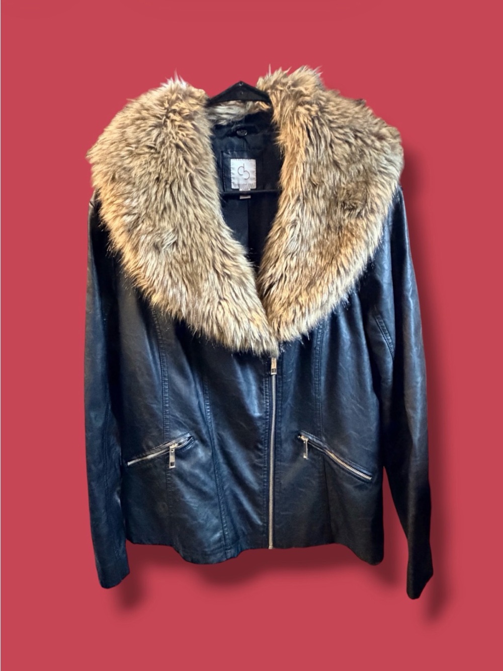 Black Leather Jacket with Removable Faux Fur Collar